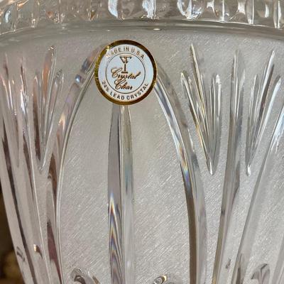 LOT 56: Pair of Wood Side Tables and Crystal / Brass Table Lamps