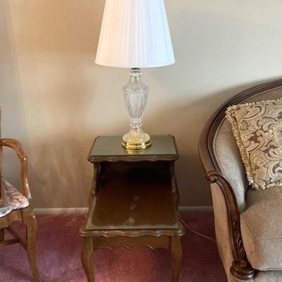 LOT 56: Pair of Wood Side Tables and Crystal / Brass Table Lamps