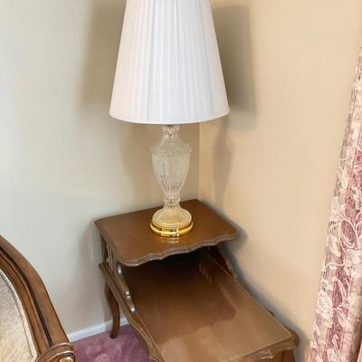LOT 56: Pair of Wood Side Tables and Crystal / Brass Table Lamps