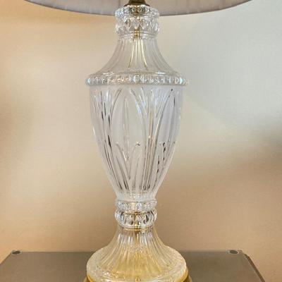 LOT 56: Pair of Wood Side Tables and Crystal / Brass Table Lamps