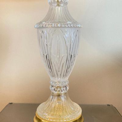 LOT 56: Pair of Wood Side Tables and Crystal / Brass Table Lamps