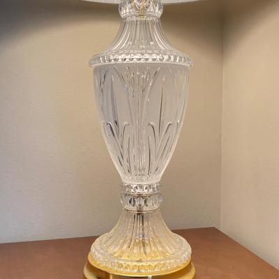 LOT 56: Pair of Wood Side Tables and Crystal / Brass Table Lamps