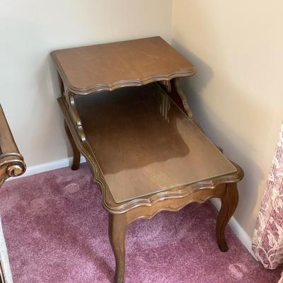 LOT 56: Pair of Wood Side Tables and Crystal / Brass Table Lamps