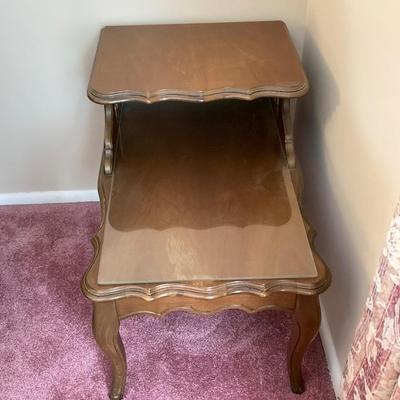 LOT 56: Pair of Wood Side Tables and Crystal / Brass Table Lamps