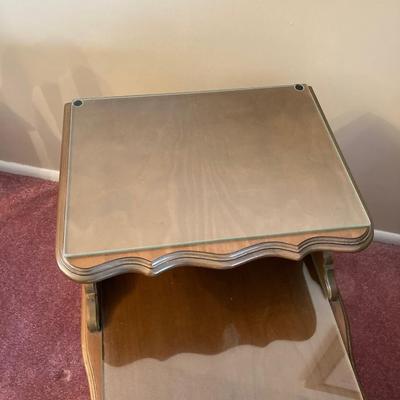 LOT 56: Pair of Wood Side Tables and Crystal / Brass Table Lamps