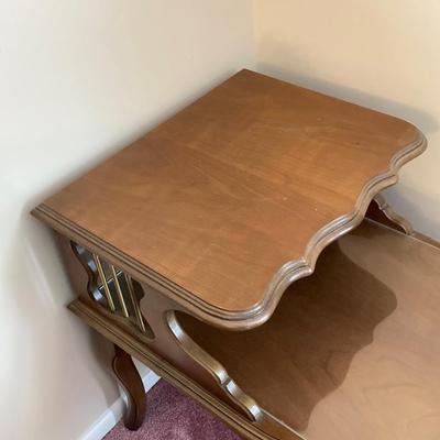 LOT 56: Pair of Wood Side Tables and Crystal / Brass Table Lamps