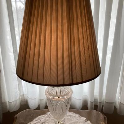 LOT 56: Pair of Wood Side Tables and Crystal / Brass Table Lamps