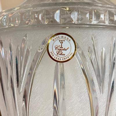 LOT 56: Pair of Wood Side Tables and Crystal / Brass Table Lamps