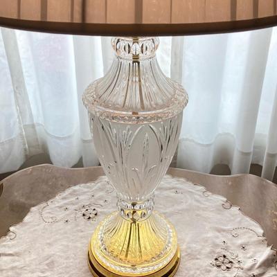 LOT 56: Pair of Wood Side Tables and Crystal / Brass Table Lamps