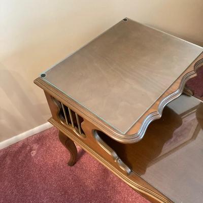 LOT 56: Pair of Wood Side Tables and Crystal / Brass Table Lamps