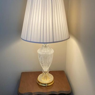 LOT 56: Pair of Wood Side Tables and Crystal / Brass Table Lamps