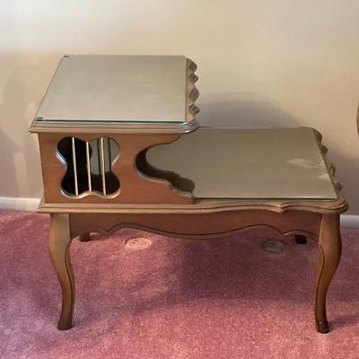 LOT 56: Pair of Wood Side Tables and Crystal / Brass Table Lamps