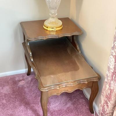 LOT 56: Pair of Wood Side Tables and Crystal / Brass Table Lamps