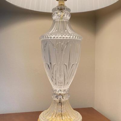 LOT 56: Pair of Wood Side Tables and Crystal / Brass Table Lamps