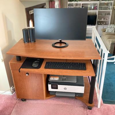 LOT 57: Desk with ASUS Monitor, HP Printer Serial #TH18G2Q009, Dell Speakers, Keyboard and Mouse