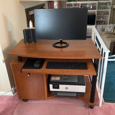 LOT 57: Desk with ASUS Monitor, HP Printer Serial #TH18G2Q009, Dell Speakers, Keyboard and Mouse