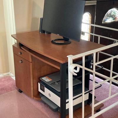 LOT 57: Desk with ASUS Monitor, HP Printer Serial #TH18G2Q009, Dell Speakers, Keyboard and Mouse