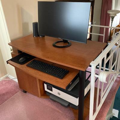 LOT 57: Desk with ASUS Monitor, HP Printer Serial #TH18G2Q009, Dell Speakers, Keyboard and Mouse
