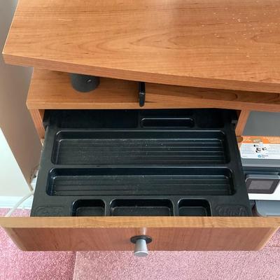 LOT 57: Desk with ASUS Monitor, HP Printer Serial #TH18G2Q009, Dell Speakers, Keyboard and Mouse