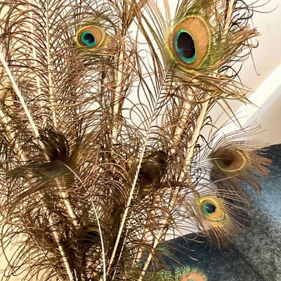 LOT 62: Vintage Hand Painted Asian Vase with Decorative Peacock Feathers