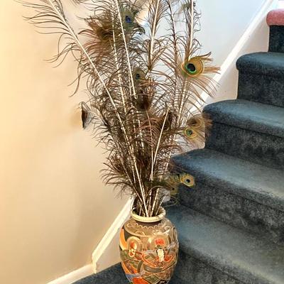 LOT 62: Vintage Hand Painted Asian Vase with Decorative Peacock Feathers