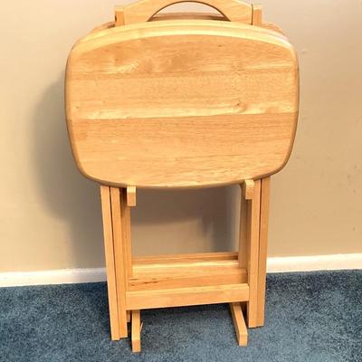 LOT 64: Set of Four Wood TV Tables with Holding Stand