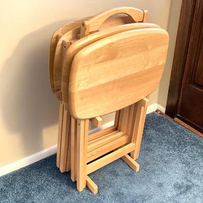 LOT 64: Set of Four Wood TV Tables with Holding Stand