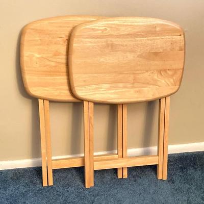 LOT 64: Set of Four Wood TV Tables with Holding Stand