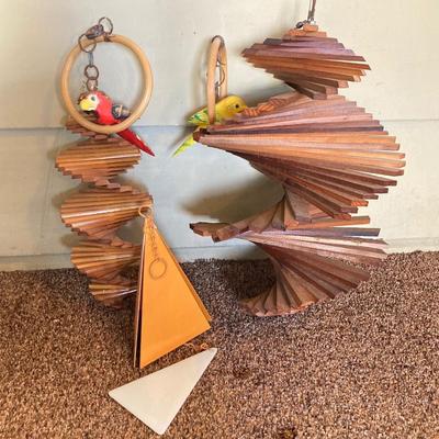 LOT 68: Decorative Vintage Wood Spinners, Carved Parrots and Metal Chimes