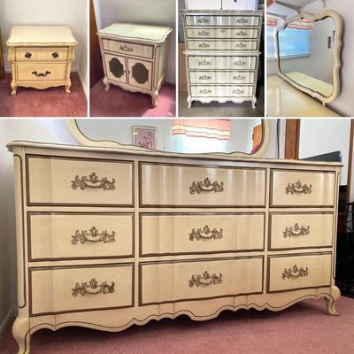 LOT 72: Vintage Bassett Furniture Industries, Inc. Five Piece Deauville White Provincial Bedroom Set
