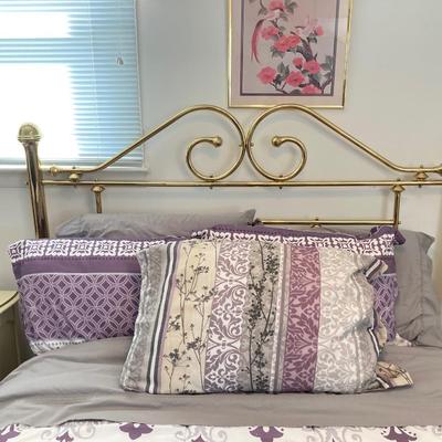 LOT 73: Brass Headboard and Mattress Firm Adjustable Bed Frame with Comforter