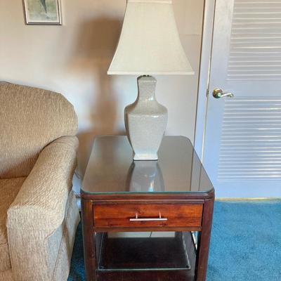 LOT 79: Wooden Side Table with Table Lamp