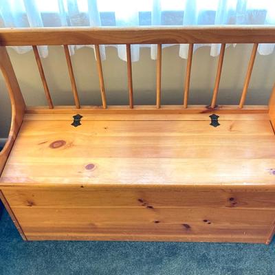 LOT 80: Stained Pine Wood Bench with Storage Base