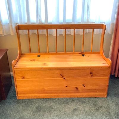 LOT 80: Stained Pine Wood Bench with Storage Base