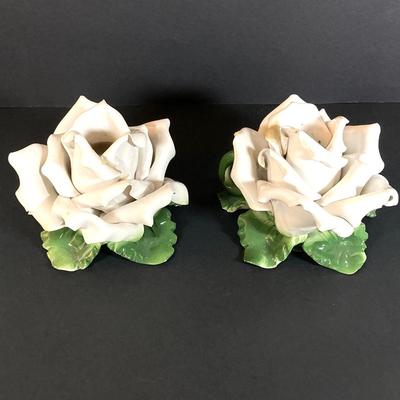 LOT 81: Vintage Pair of Made in Italy Capodimonte White Rose Candlestick Holders