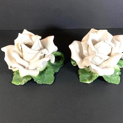 LOT 81: Vintage Pair of Made in Italy Capodimonte White Rose Candlestick Holders