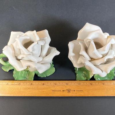 LOT 81: Vintage Pair of Made in Italy Capodimonte White Rose Candlestick Holders