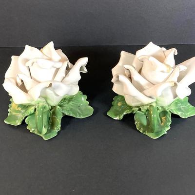 LOT 81: Vintage Pair of Made in Italy Capodimonte White Rose Candlestick Holders