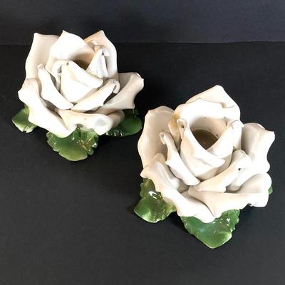 LOT 81: Vintage Pair of Made in Italy Capodimonte White Rose Candlestick Holders