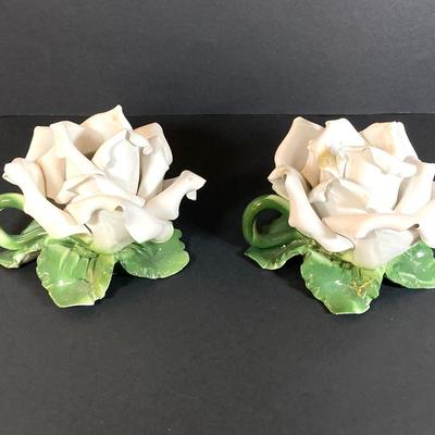LOT 81: Vintage Pair of Made in Italy Capodimonte White Rose Candlestick Holders