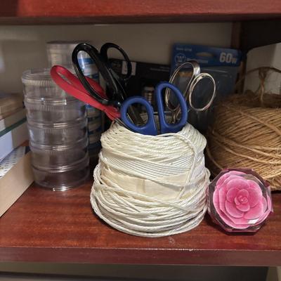 LOT 82: Laundry Room Shelf Lot: Scissors, Light Bulbs, Flashlights, Angels & More