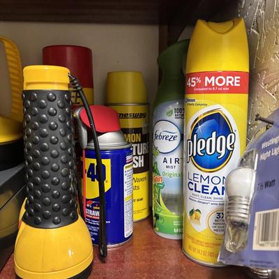 LOT 82: Laundry Room Shelf Lot: Scissors, Light Bulbs, Flashlights, Angels & More