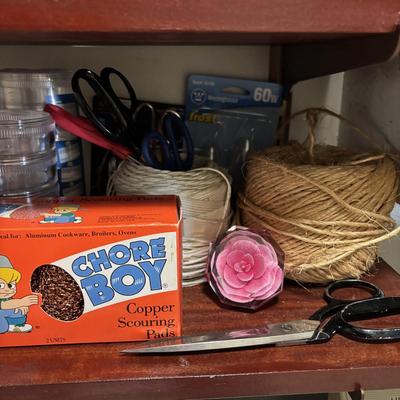 LOT 82: Laundry Room Shelf Lot: Scissors, Light Bulbs, Flashlights, Angels & More