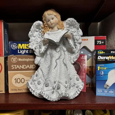LOT 82: Laundry Room Shelf Lot: Scissors, Light Bulbs, Flashlights, Angels & More
