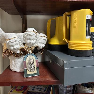 LOT 82: Laundry Room Shelf Lot: Scissors, Light Bulbs, Flashlights, Angels & More