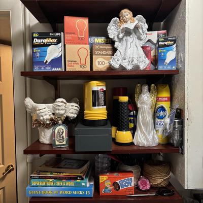 LOT 82: Laundry Room Shelf Lot: Scissors, Light Bulbs, Flashlights, Angels & More