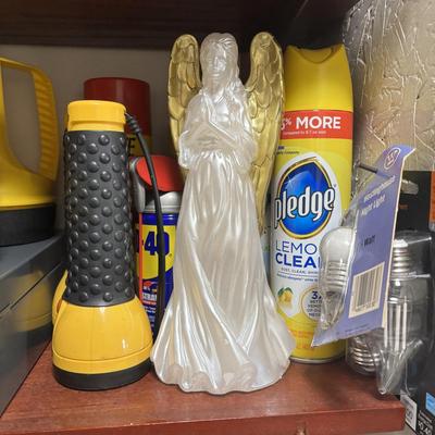 LOT 82: Laundry Room Shelf Lot: Scissors, Light Bulbs, Flashlights, Angels & More