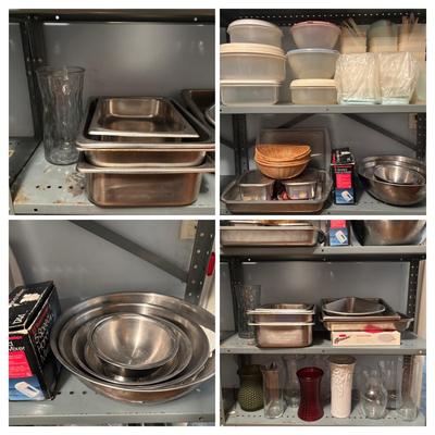 LOT 84: Pantry Shelf Lot: Rubbermaid, Tupperware, Metal Bowls, Stainless Steel Buffet/Serving Trays & More