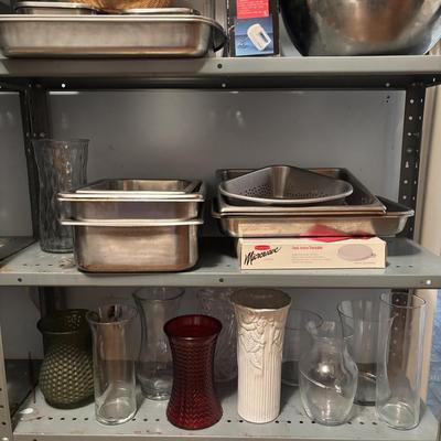 LOT 84: Pantry Shelf Lot: Rubbermaid, Tupperware, Metal Bowls, Stainless Steel Buffet/Serving Trays & More
