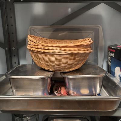 LOT 84: Pantry Shelf Lot: Rubbermaid, Tupperware, Metal Bowls, Stainless Steel Buffet/Serving Trays & More